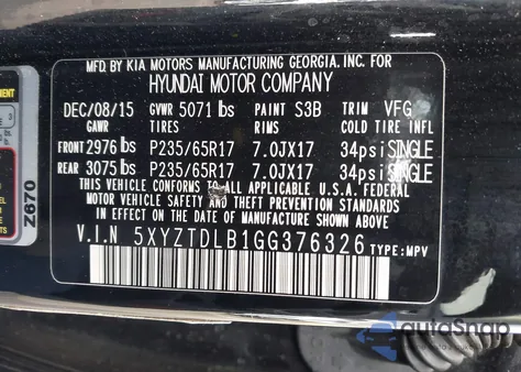 2016 Hyundai Santa Fe Sport 2.4L из США, поврежденный, VIN 5XYZTDLB1GG376326